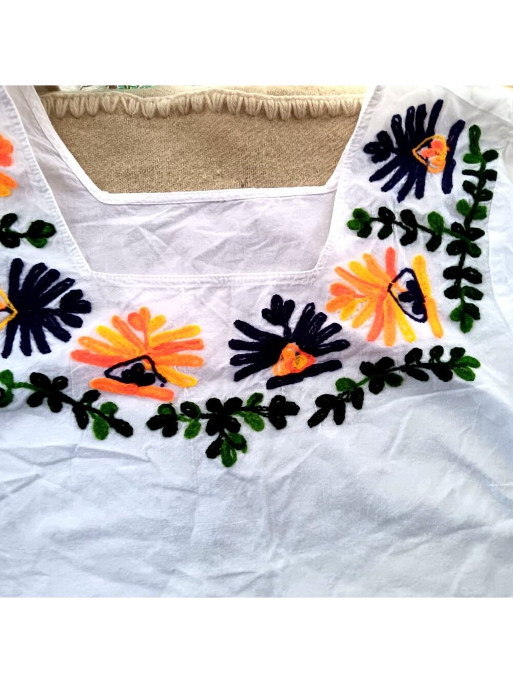 Vintage Peasant Top Medium Hand-Embroidered White Floral Design Square Neckline